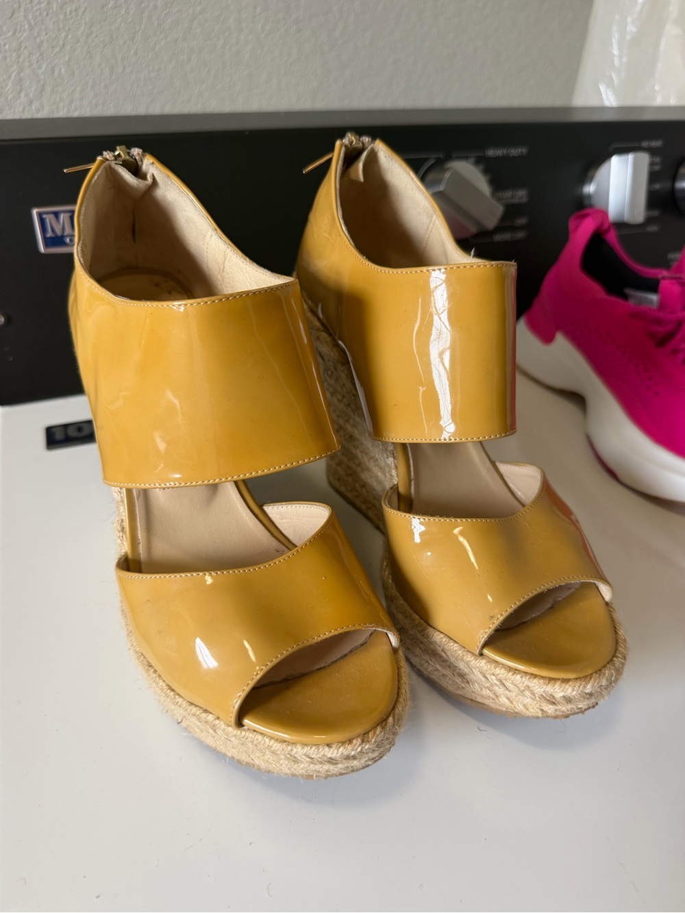 Jimmy Choo Patent Leather Espadrille Wedge Sandals Mustard Gold EU 39 US 9
